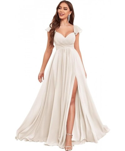 Ruffle Chiffon Bridesmaid Dresses with Slit Pleated Prom Dress with Pockets Evening Formal Gown Ivory $20.25 Dresses