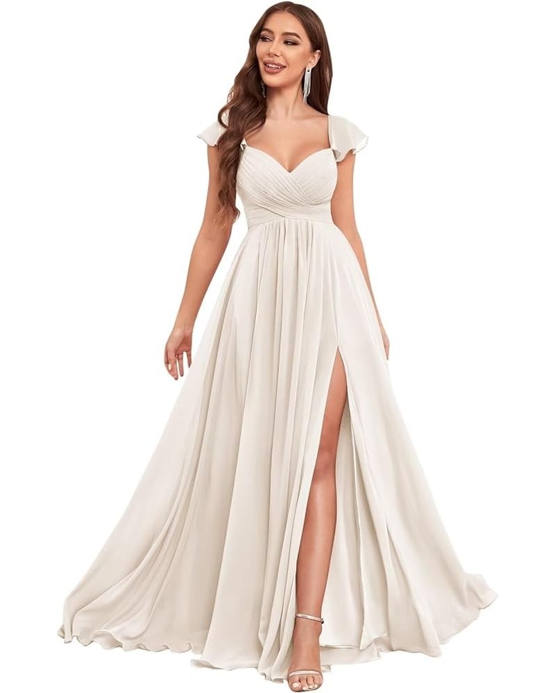 Ruffle Chiffon Bridesmaid Dresses with Slit Pleated Prom Dress with Pockets Evening Formal Gown Ivory $20.25 Dresses