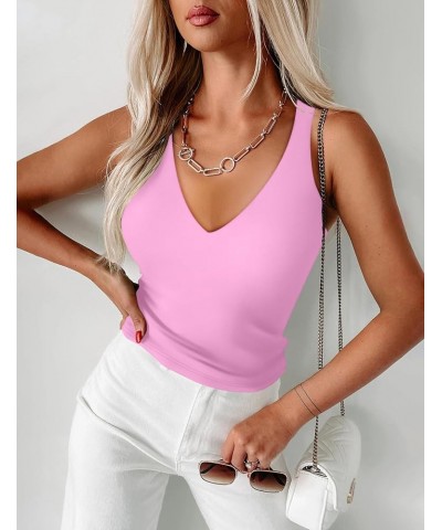 Women’s Sexy Plunge Deep V Neck Backless Sleeveless Tank Double Lined Tank Tops Pink $12.74 Tops