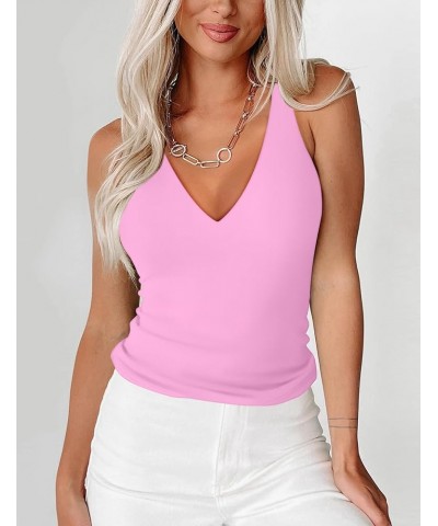 Women’s Sexy Plunge Deep V Neck Backless Sleeveless Tank Double Lined Tank Tops Pink $12.74 Tops