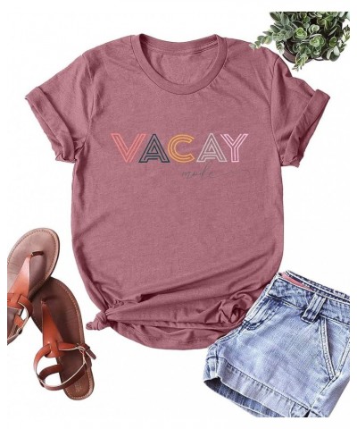 Vacay Mode Shirt Women Beach Vacation T-Shirt Funny Letter Printed Tshirt Causal Loose Short Sleeve Tee Tops Pink $11.28 T-Sh...