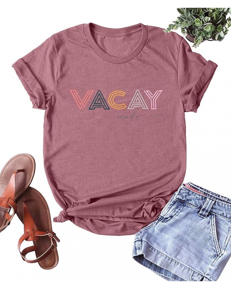 Vacay Mode Shirt Women Beach Vacation T-Shirt Funny Letter Printed Tshirt Causal Loose Short Sleeve Tee Tops Pink $11.28 T-Sh...