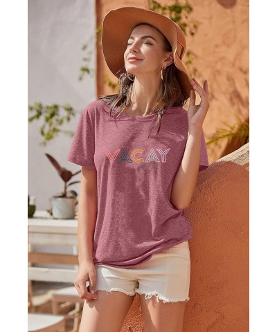 Vacay Mode Shirt Women Beach Vacation T-Shirt Funny Letter Printed Tshirt Causal Loose Short Sleeve Tee Tops Pink $11.28 T-Sh...