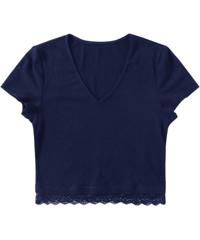 Women's Sexy V Neck Lace Hem Ribbed Knit Tee Shirt Crop Top Dark Blue $8.09 T-Shirts