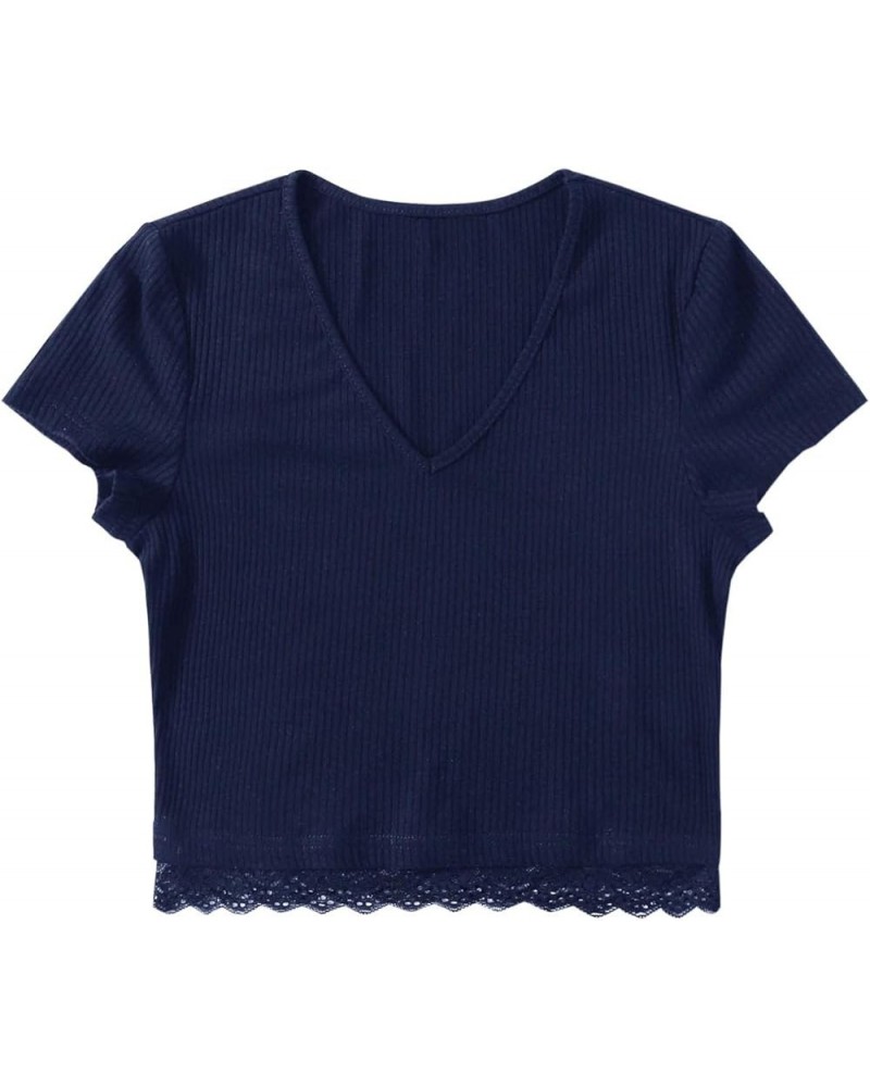 Women's Sexy V Neck Lace Hem Ribbed Knit Tee Shirt Crop Top Dark Blue $8.09 T-Shirts