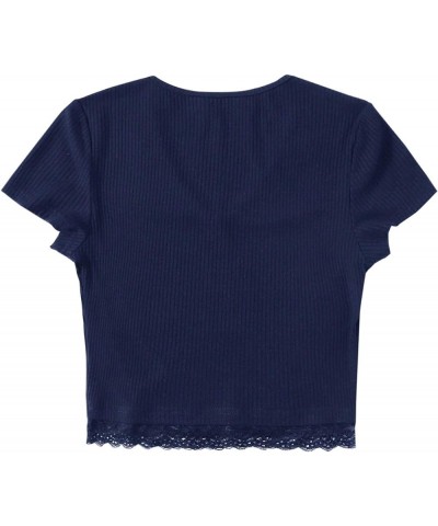 Women's Sexy V Neck Lace Hem Ribbed Knit Tee Shirt Crop Top Dark Blue $8.09 T-Shirts