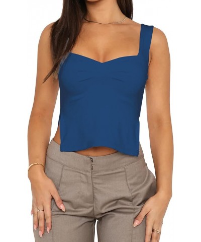 Women Side Split Sleeveless Crop Tank Top Pleated Ruched Sweetheart Neck Strappy Sexy Backless Solid Crop Vest Cami Dark Blue...