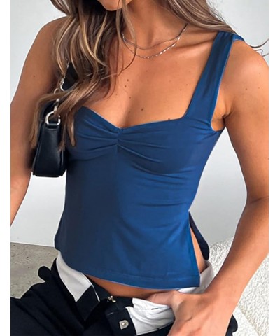 Women Side Split Sleeveless Crop Tank Top Pleated Ruched Sweetheart Neck Strappy Sexy Backless Solid Crop Vest Cami Dark Blue...