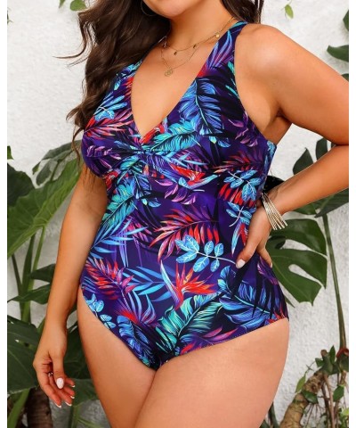 Women Plus Size One Piece Swimsuits V Neck Tummy Control Bathing Suits Front Cross Swimwear Colorful Leaves $20.71 Swimsuits