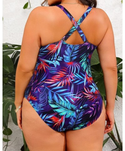 Women Plus Size One Piece Swimsuits V Neck Tummy Control Bathing Suits Front Cross Swimwear Colorful Leaves $20.71 Swimsuits