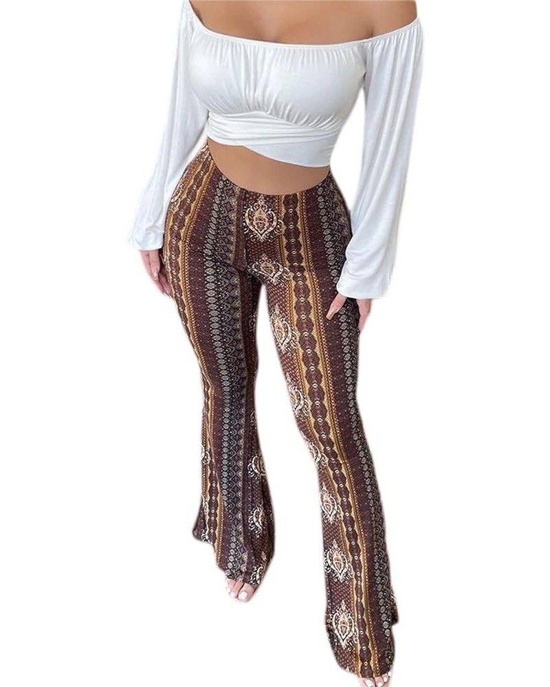 Women Boho Print Long Pants Flared Wide Legs Summer Bell Bottom Trousers High Waist Slim Trousers Leggings Brown $10.82 Pants