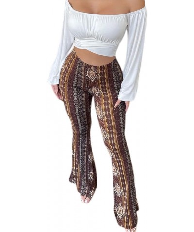 Women Boho Print Long Pants Flared Wide Legs Summer Bell Bottom Trousers High Waist Slim Trousers Leggings Brown $10.82 Pants