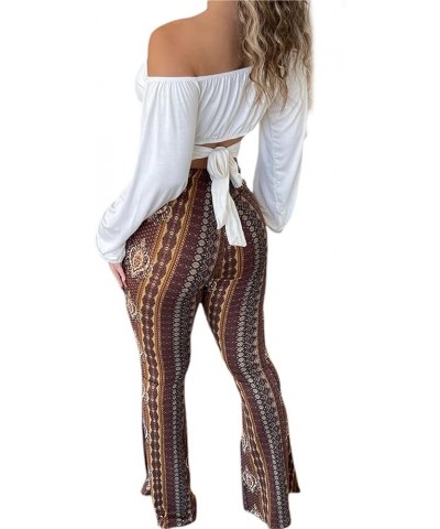 Women Boho Print Long Pants Flared Wide Legs Summer Bell Bottom Trousers High Waist Slim Trousers Leggings Brown $10.82 Pants