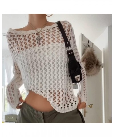 Women Hollow Out Knit Crochet Fishnet Crop Top See Through Long Sleeve Solid Smock Tee Shirts Beach Cover Up White $14.84 Swi...