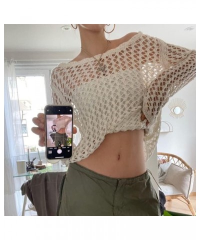 Women Hollow Out Knit Crochet Fishnet Crop Top See Through Long Sleeve Solid Smock Tee Shirts Beach Cover Up White $14.84 Swi...