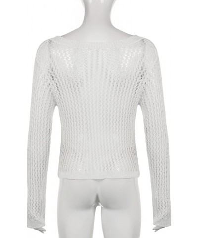 Women Hollow Out Knit Crochet Fishnet Crop Top See Through Long Sleeve Solid Smock Tee Shirts Beach Cover Up White $14.84 Swi...