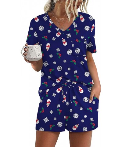 Women's Short Sleeve Pajama Sets with Pockets Casual V Neck 2 Piece Lounge Sets S-3XL Christmas Blue $13.06 Sleep & Lounge