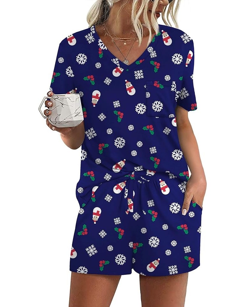 Women's Short Sleeve Pajama Sets with Pockets Casual V Neck 2 Piece Lounge Sets S-3XL Christmas Blue $13.06 Sleep & Lounge