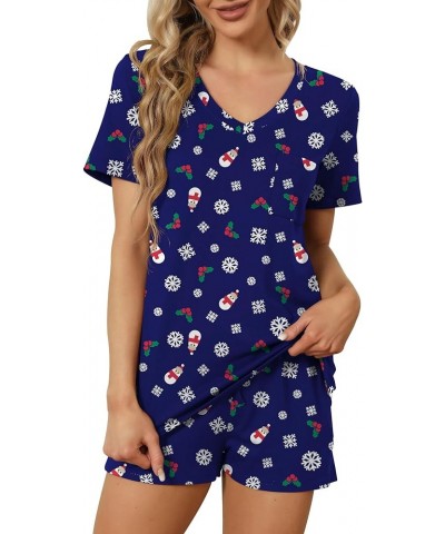 Women's Short Sleeve Pajama Sets with Pockets Casual V Neck 2 Piece Lounge Sets S-3XL Christmas Blue $13.06 Sleep & Lounge