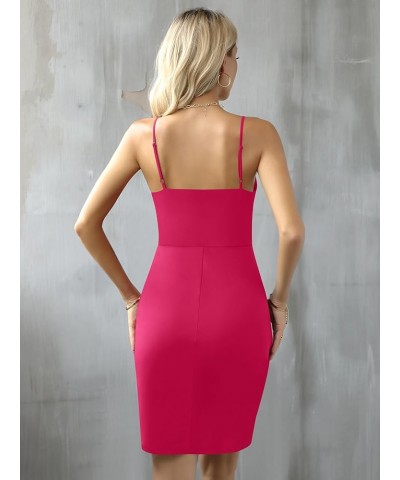 Women's Sleeveless Spaghetti Strap V Neck Tulip Hem Ruched Party Cocktail Bodycon Short Dress Rose Red $22.50 Dresses