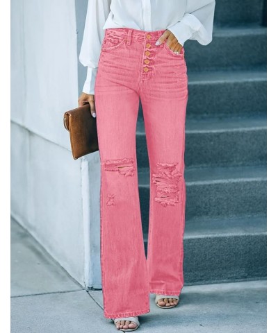 High Waisted Ripped Flare Jeans for Women Distressed Bell Bottom Jeans Wide Leg Pants Z1 Candy Pink $21.12 Jeans