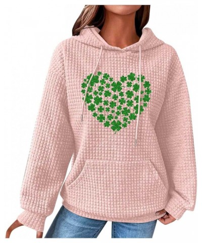 Women's Waffle Hoodie Sweatshirt St. Patrick's Day Long Sleeve Drawstring Pullover Loose Fit Cozy Tops With Pocket 05-pink $1...