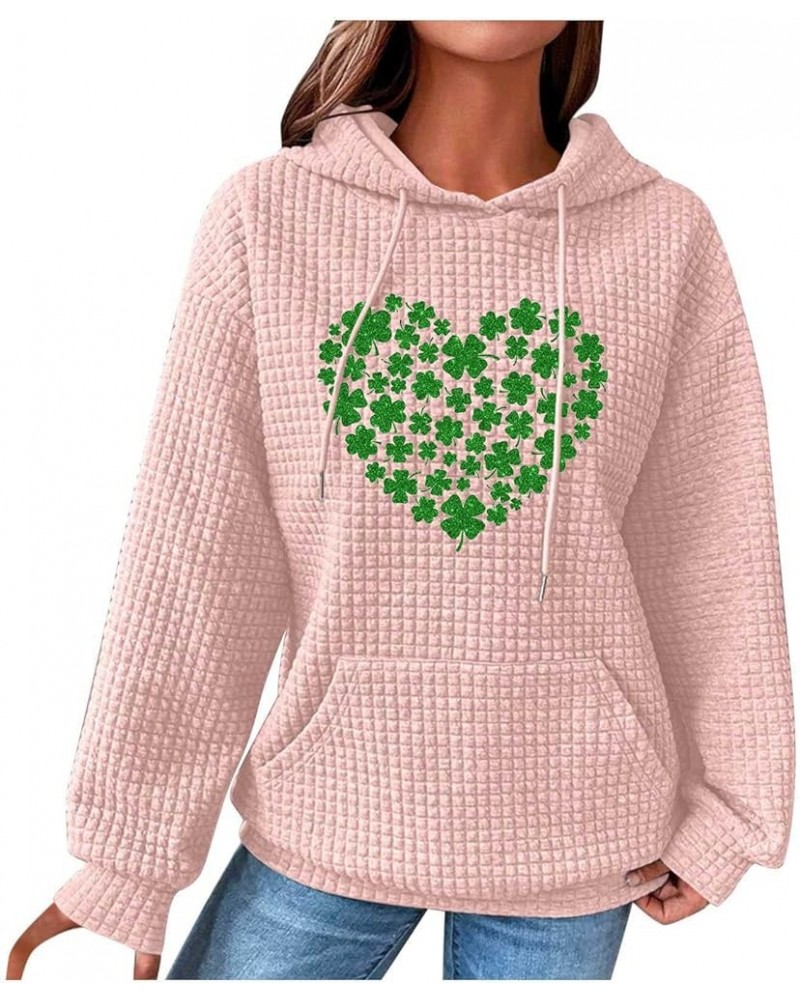 Women's Waffle Hoodie Sweatshirt St. Patrick's Day Long Sleeve Drawstring Pullover Loose Fit Cozy Tops With Pocket 05-pink $1...