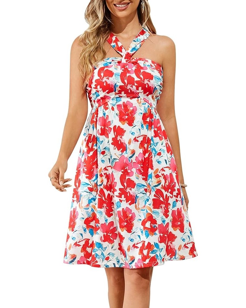 Women's Summer Flowy A Line Floral Sundress Criss Cross Halter Neck Beach Dress 2024 Floral-1 $17.22 Dresses