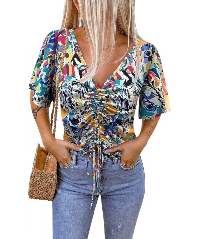 Women's Casual Summer Boho V Neck Cute Shirts Floral Flutter Sleeve Crop Tops Short Sleeve T-Shirts Multi-yellow $8.24 Tops