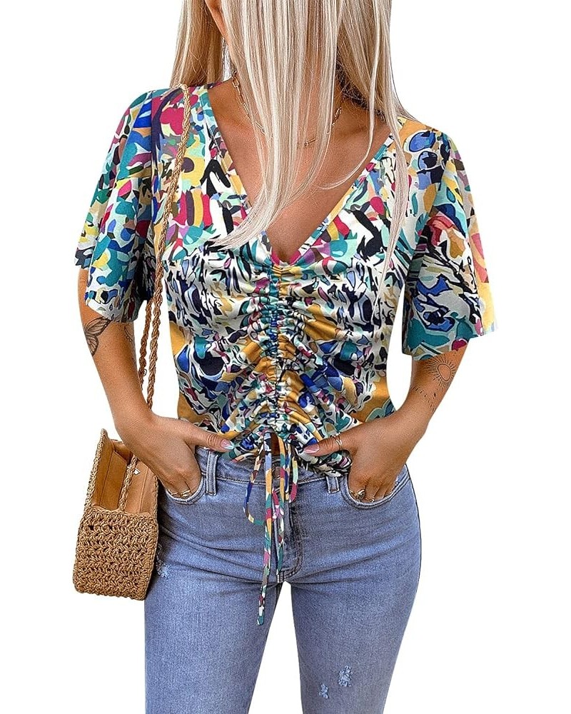 Women's Casual Summer Boho V Neck Cute Shirts Floral Flutter Sleeve Crop Tops Short Sleeve T-Shirts Multi-yellow $8.24 Tops