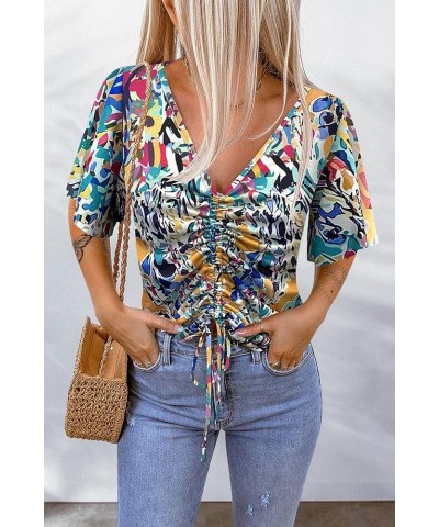 Women's Casual Summer Boho V Neck Cute Shirts Floral Flutter Sleeve Crop Tops Short Sleeve T-Shirts Multi-yellow $8.24 Tops