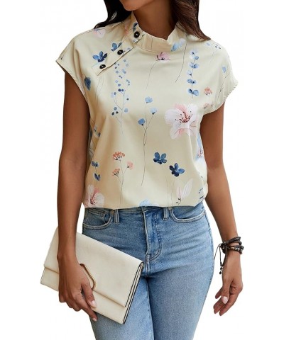 Women's Floral Print Mock Neck Blouse Tops Dolman Sleeve Button Detail Blouses Yellow $12.00 Blouses