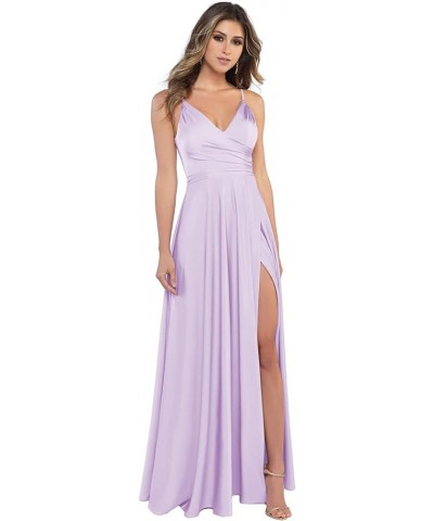 Women's V Neck Satin Bridesmaid Dresses with Slit Spaghetti Straps Formal Prom Gowns with Pockets MDPM96 Lavender $34.79 Dresses