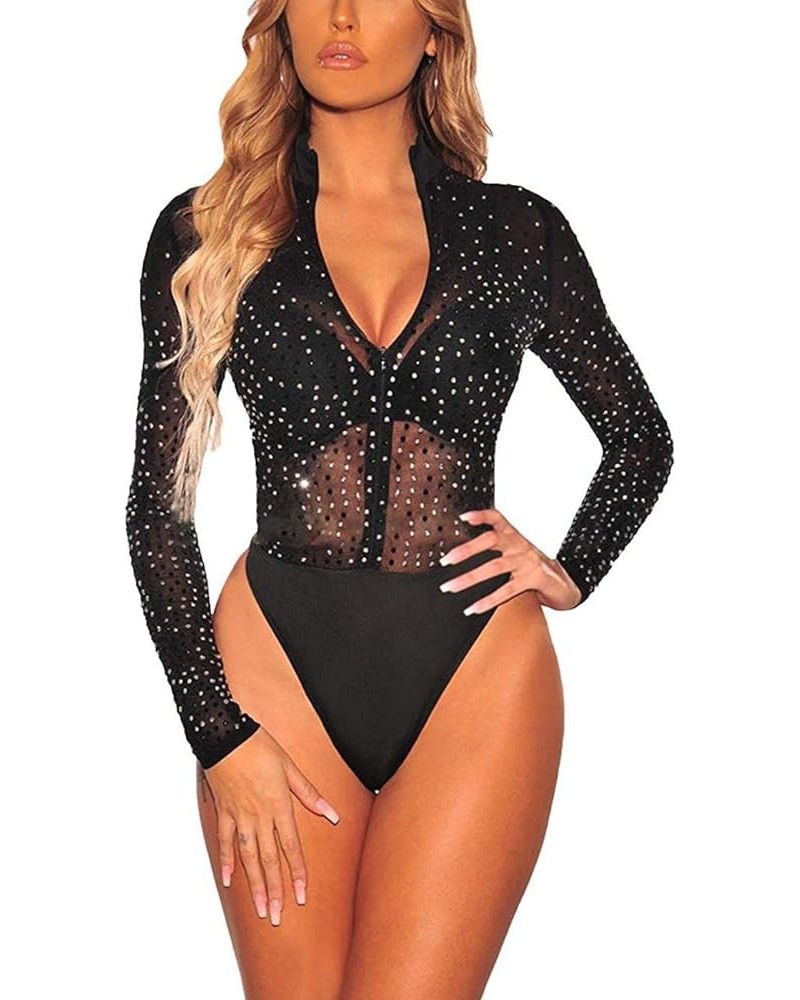 Women's Long Sleeve Bodysuit Sheer Mesh Sexy Leotard Bodysuit Body Tops 03 Black $11.07 Lingerie