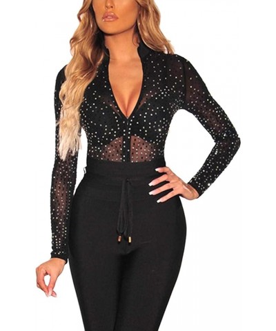 Women's Long Sleeve Bodysuit Sheer Mesh Sexy Leotard Bodysuit Body Tops 03 Black $11.07 Lingerie