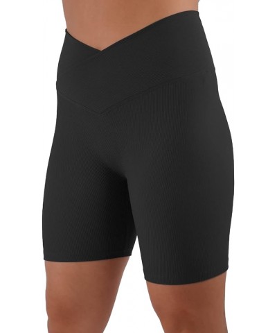 Womens 5" Crossover Workout Shorts High Waisted Ribbed Butt Lift Biker Running Compression Yoga Shorts Black $11.72 Activewear