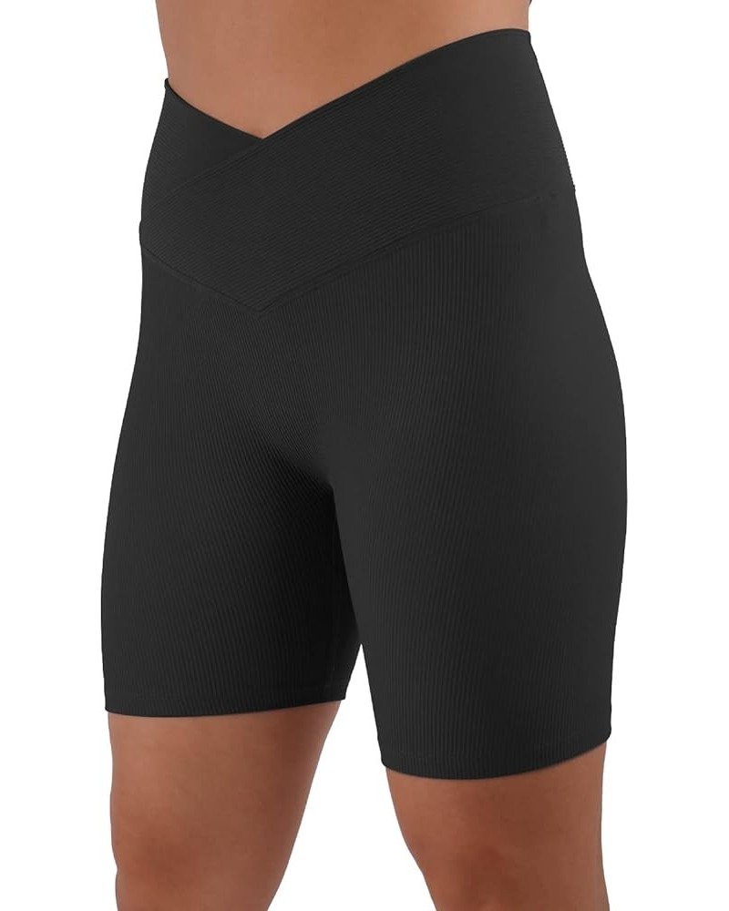 Womens 5" Crossover Workout Shorts High Waisted Ribbed Butt Lift Biker Running Compression Yoga Shorts Black $11.72 Activewear