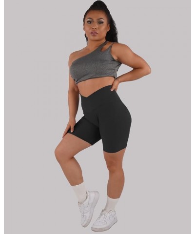 Womens 5" Crossover Workout Shorts High Waisted Ribbed Butt Lift Biker Running Compression Yoga Shorts Black $11.72 Activewear