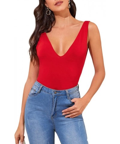 Women's Casual Double V Neck Slim Fitted Basic Tank Top Red $12.99 Tanks