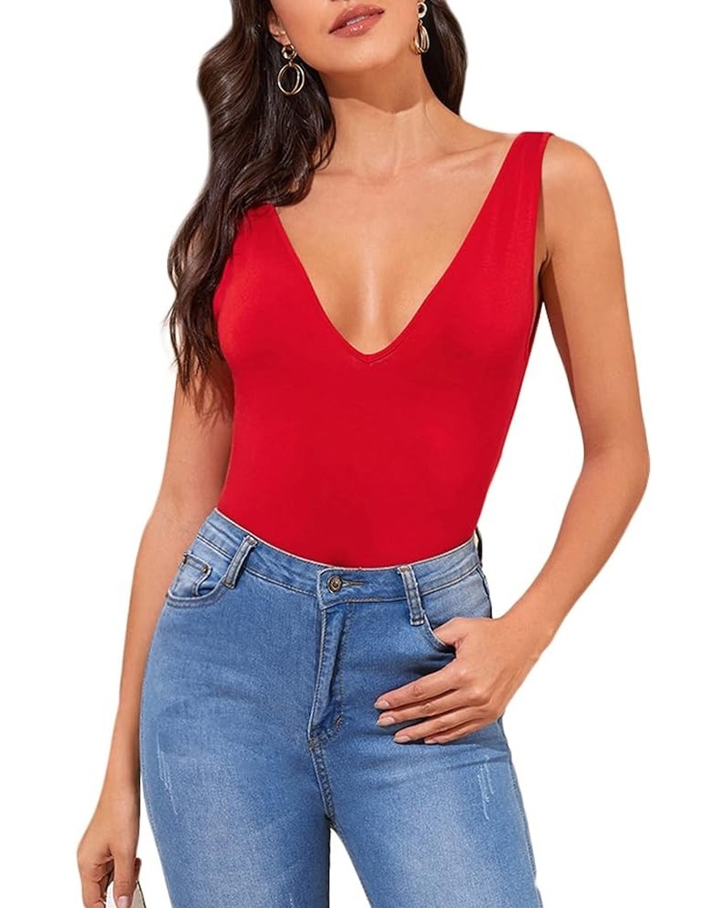 Women's Casual Double V Neck Slim Fitted Basic Tank Top Red $12.99 Tanks