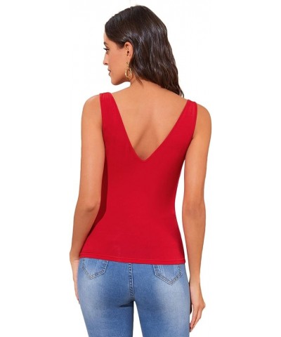 Women's Casual Double V Neck Slim Fitted Basic Tank Top Red $12.99 Tanks