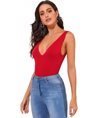 Women's Casual Double V Neck Slim Fitted Basic Tank Top Red $12.99 Tanks