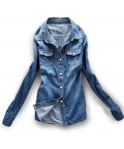 Women's Long Sleeve Double Pocket Slim-fit Jean Denim Shirt Dark Blue $20.29 Blouses