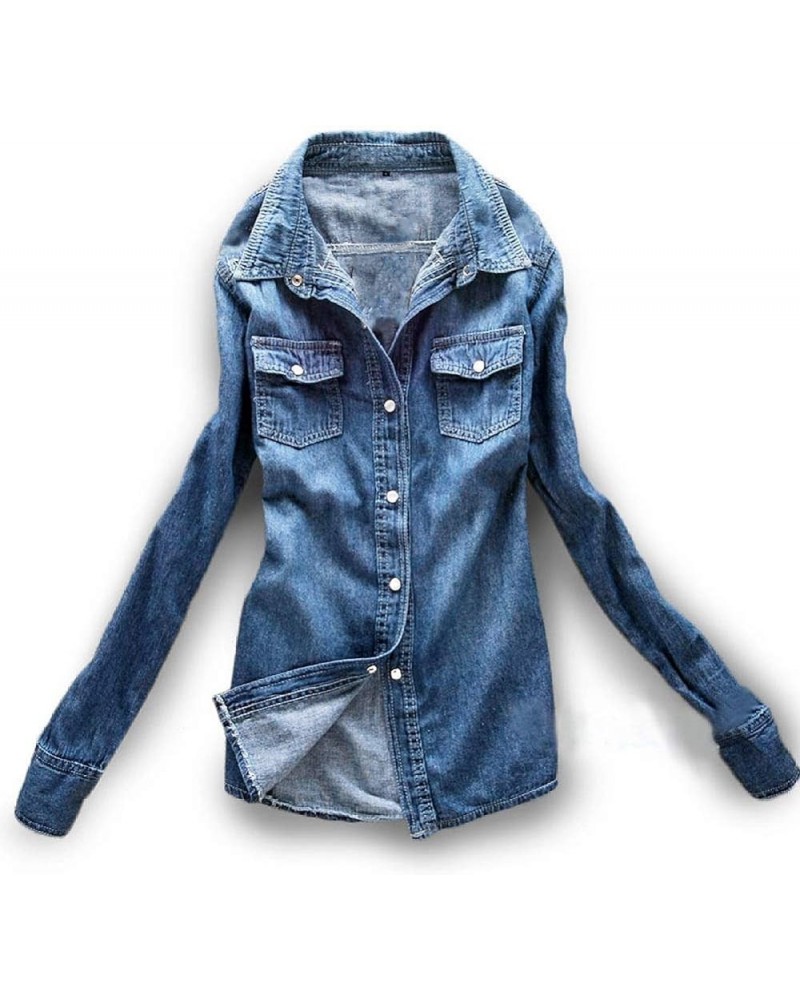 Women's Long Sleeve Double Pocket Slim-fit Jean Denim Shirt Dark Blue $20.29 Blouses