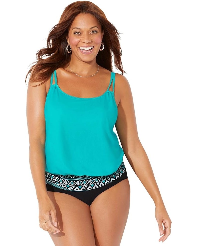 Women's Plus Size Loop Strap Blouson Tankini Set Happy Turq, Black $28.66 Swimsuits