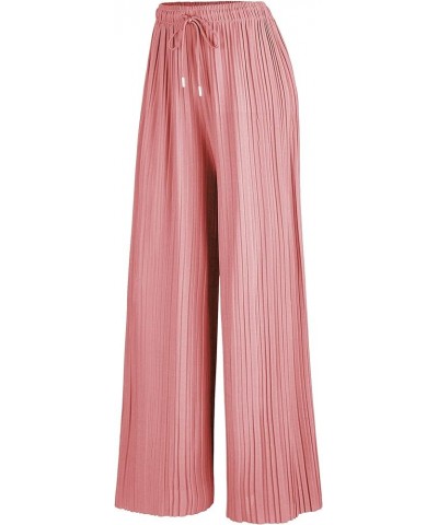 Womens Pleated Wide Leg Palazzo Maxi Pants with Drawstring or Elastic Band Drawstring Wb1485_pink $14.09 Pants