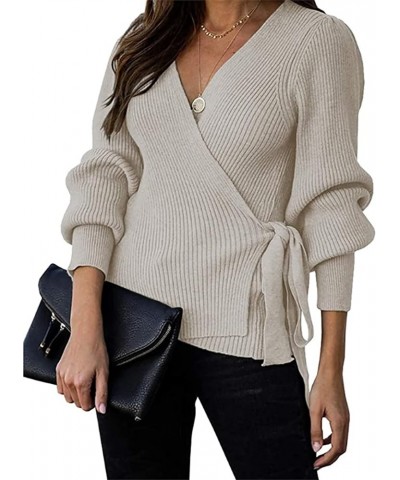 Women's 2024 Fall Winter Wrap V Neck Sweater Balloon Sleeves Ribbed Knitted Pullover Tie Front Tunic Top Jumper Apricot $14.7...