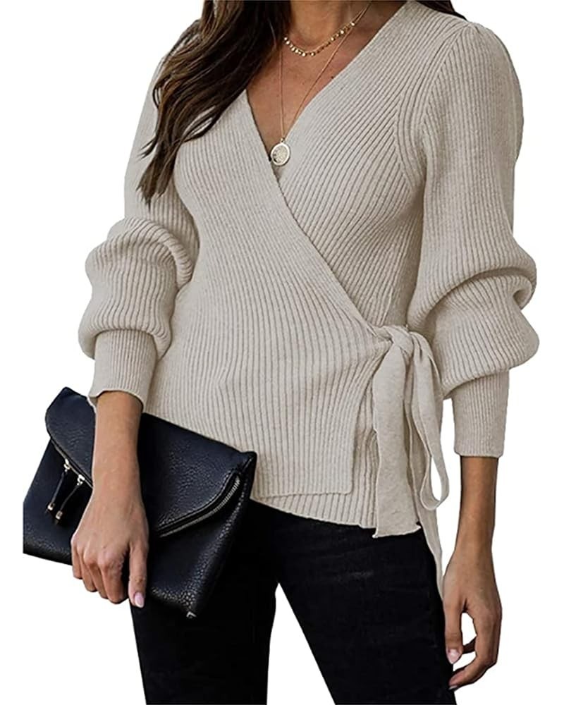 Women's 2024 Fall Winter Wrap V Neck Sweater Balloon Sleeves Ribbed Knitted Pullover Tie Front Tunic Top Jumper Apricot $14.7...