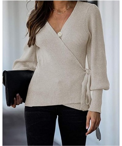 Women's 2024 Fall Winter Wrap V Neck Sweater Balloon Sleeves Ribbed Knitted Pullover Tie Front Tunic Top Jumper Apricot $14.7...