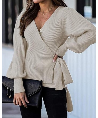 Women's 2024 Fall Winter Wrap V Neck Sweater Balloon Sleeves Ribbed Knitted Pullover Tie Front Tunic Top Jumper Apricot $14.7...